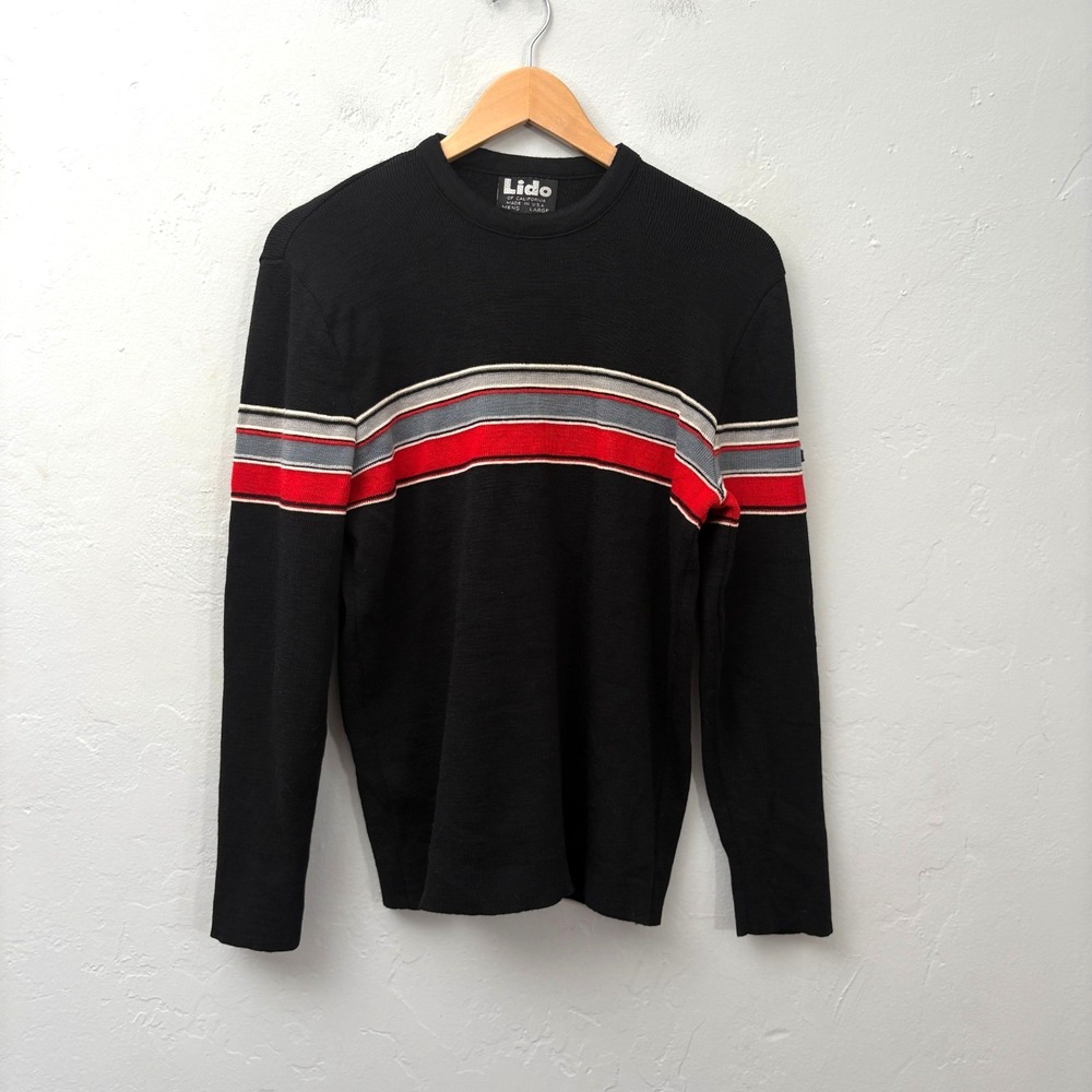 Lido of California 70s Vintage Wool Sweater Men Size Large Black Red Gray Stripe